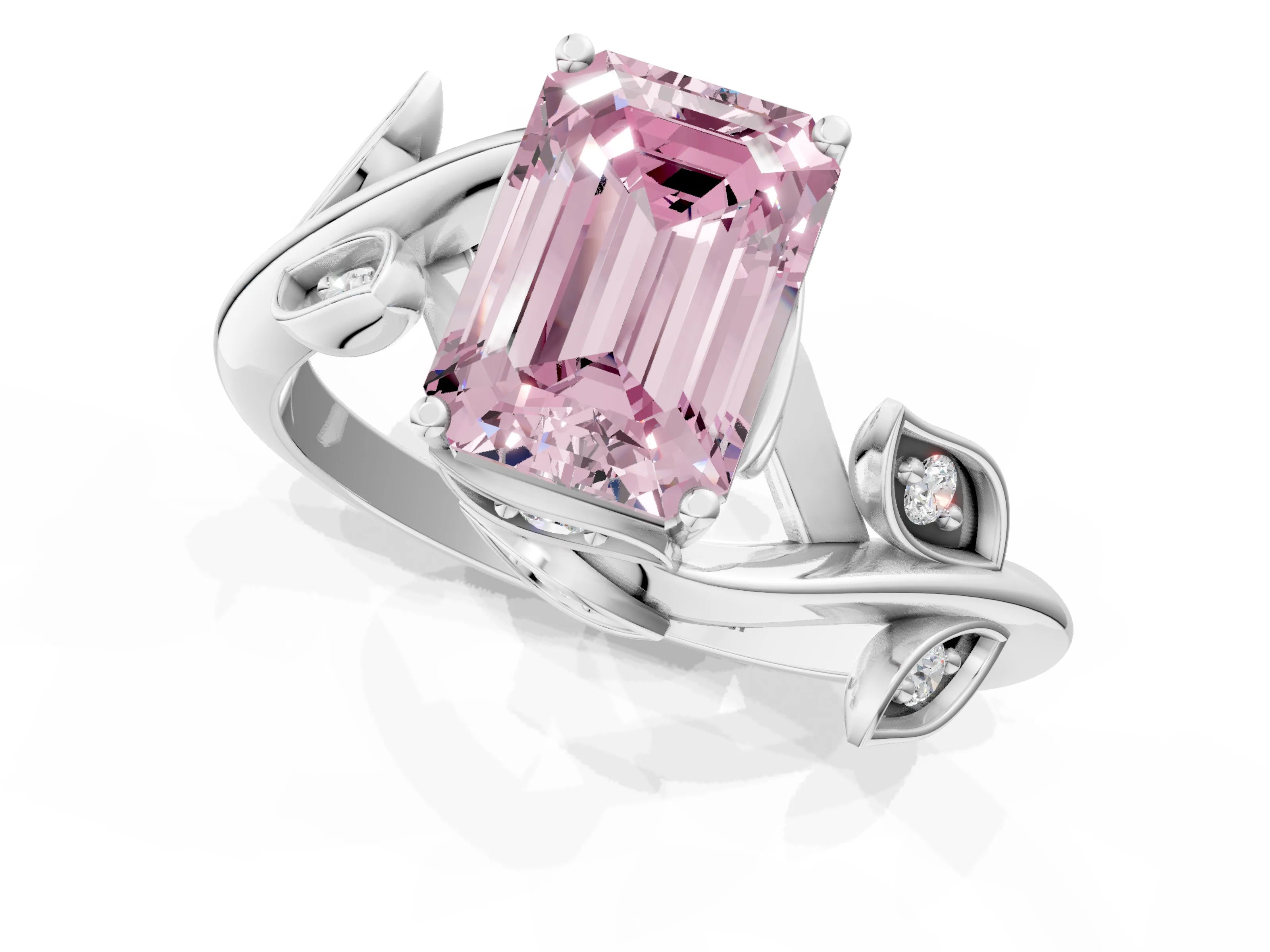 White gold Fancy Pink Emerald Cut Solitaire Twist Engagement Ring with Leaf Accents and Prong Setting_1