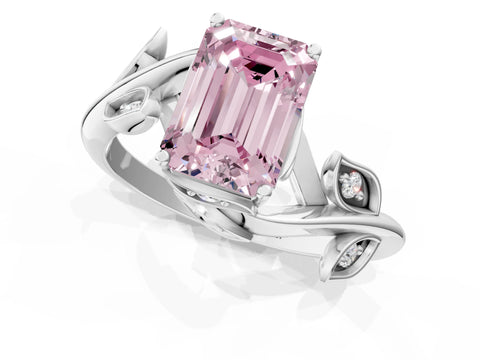 White gold Fancy Pink Emerald Cut Solitaire Twist Engagement Ring with Leaf Accents and Prong Setting_1