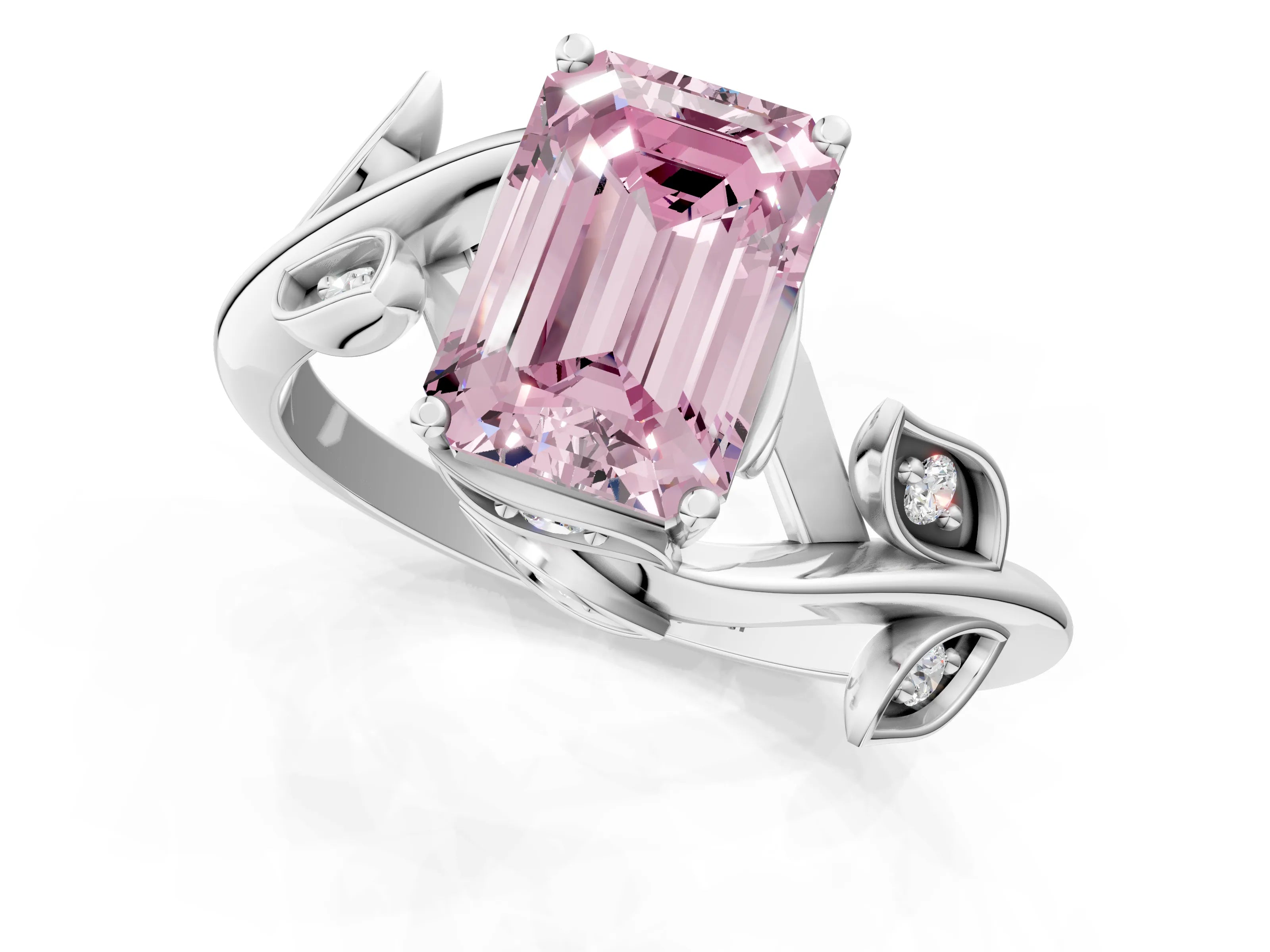 White gold Fancy Pink Emerald Cut Solitaire Twist Engagement Ring with Leaf Accents and Prong Setting_2