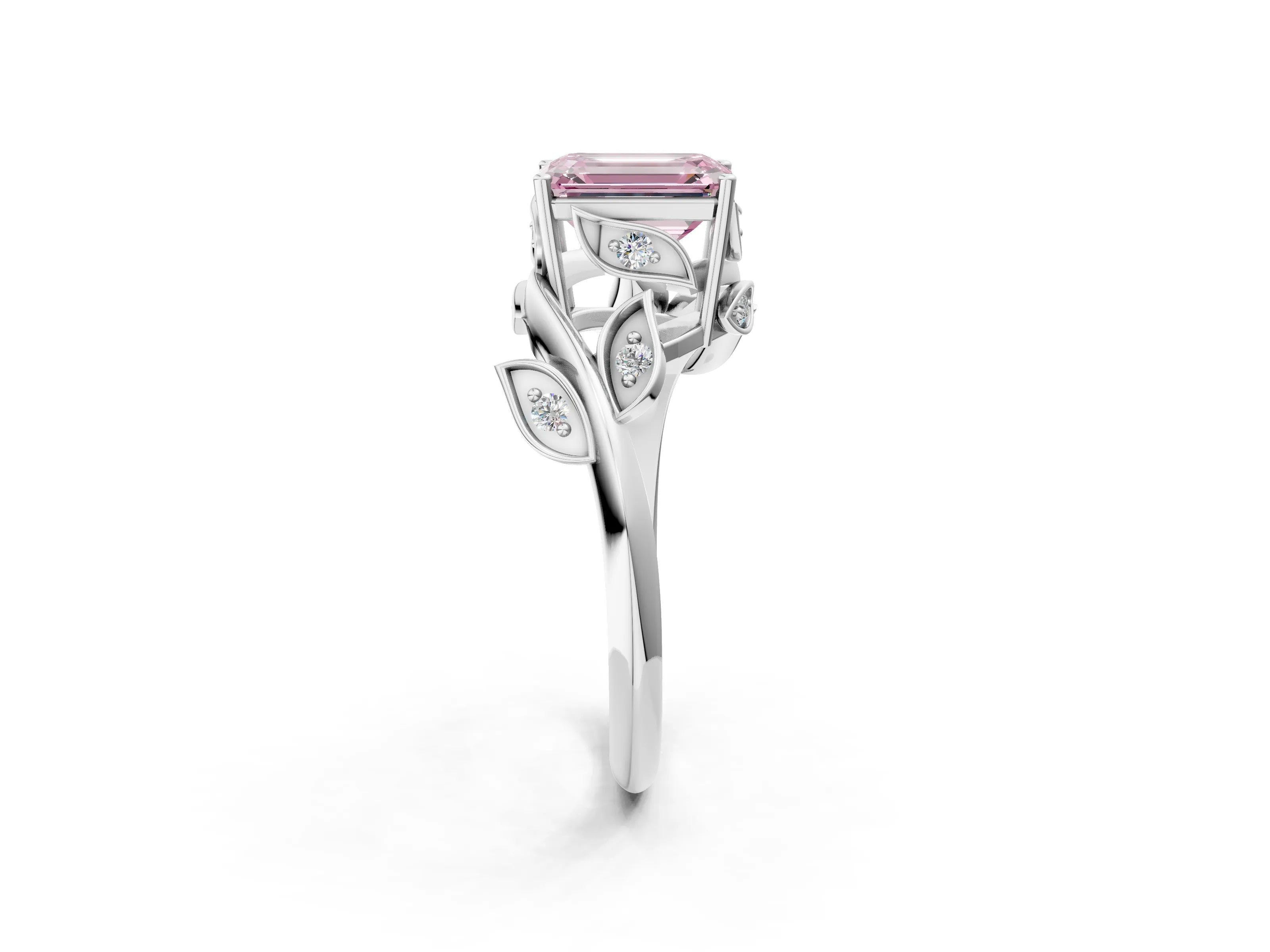 White gold Fancy Pink Emerald Cut Solitaire Twist Engagement Ring with Leaf Accents and Prong Setting_2