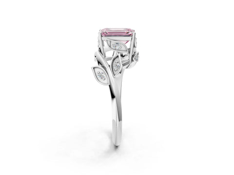 White gold Fancy Pink Emerald Cut Solitaire Twist Engagement Ring with Leaf Accents and Prong Setting_2