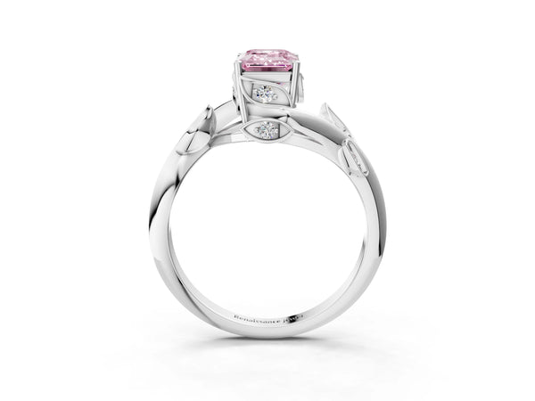 Platinum Fancy Pink Emerald Cut Solitaire Twist Engagement Ring with Leaf Accents and Prong Setting