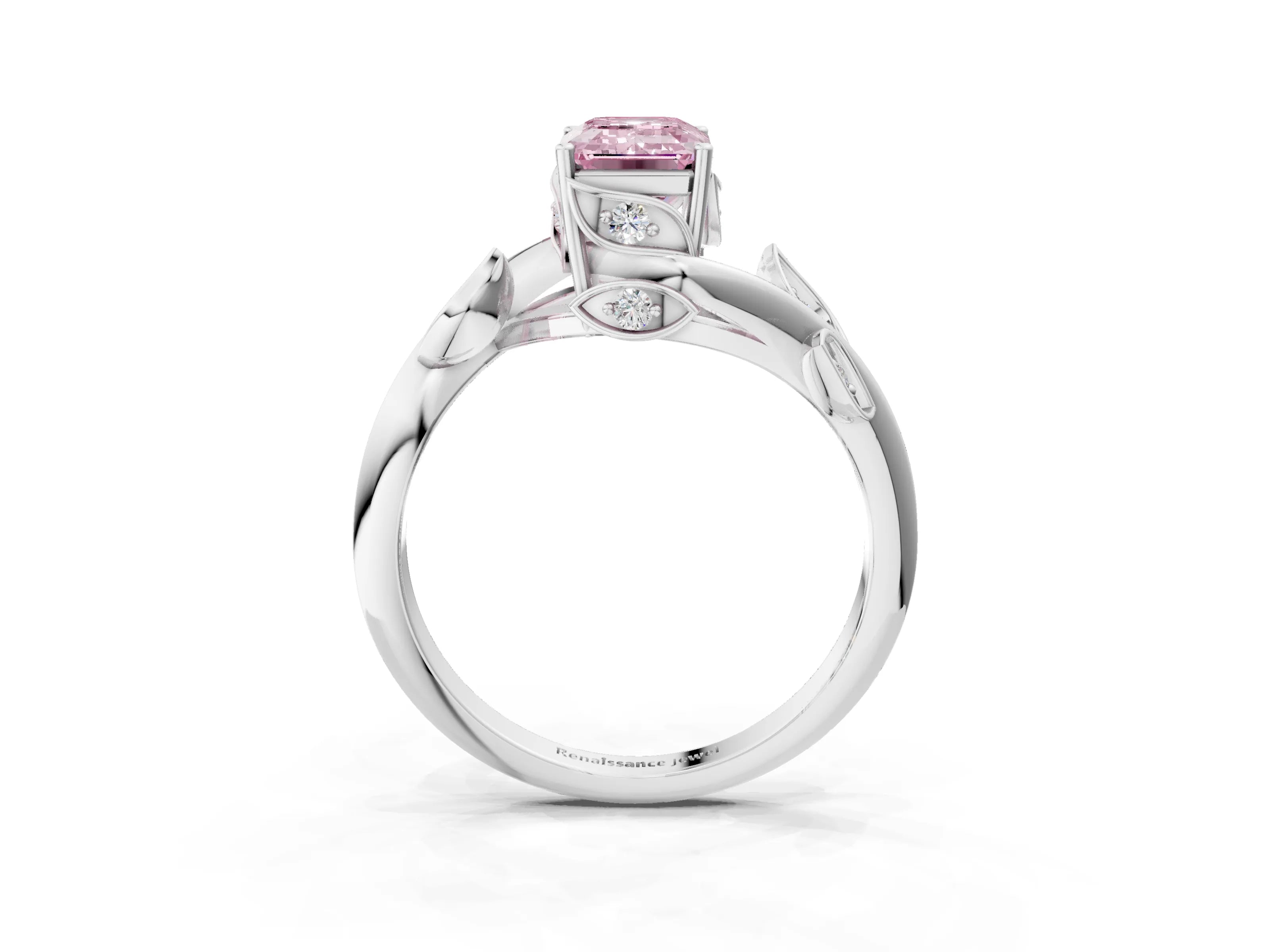 White gold Fancy Pink Emerald Cut Solitaire Twist Engagement Ring with Leaf Accents and Prong Setting_3