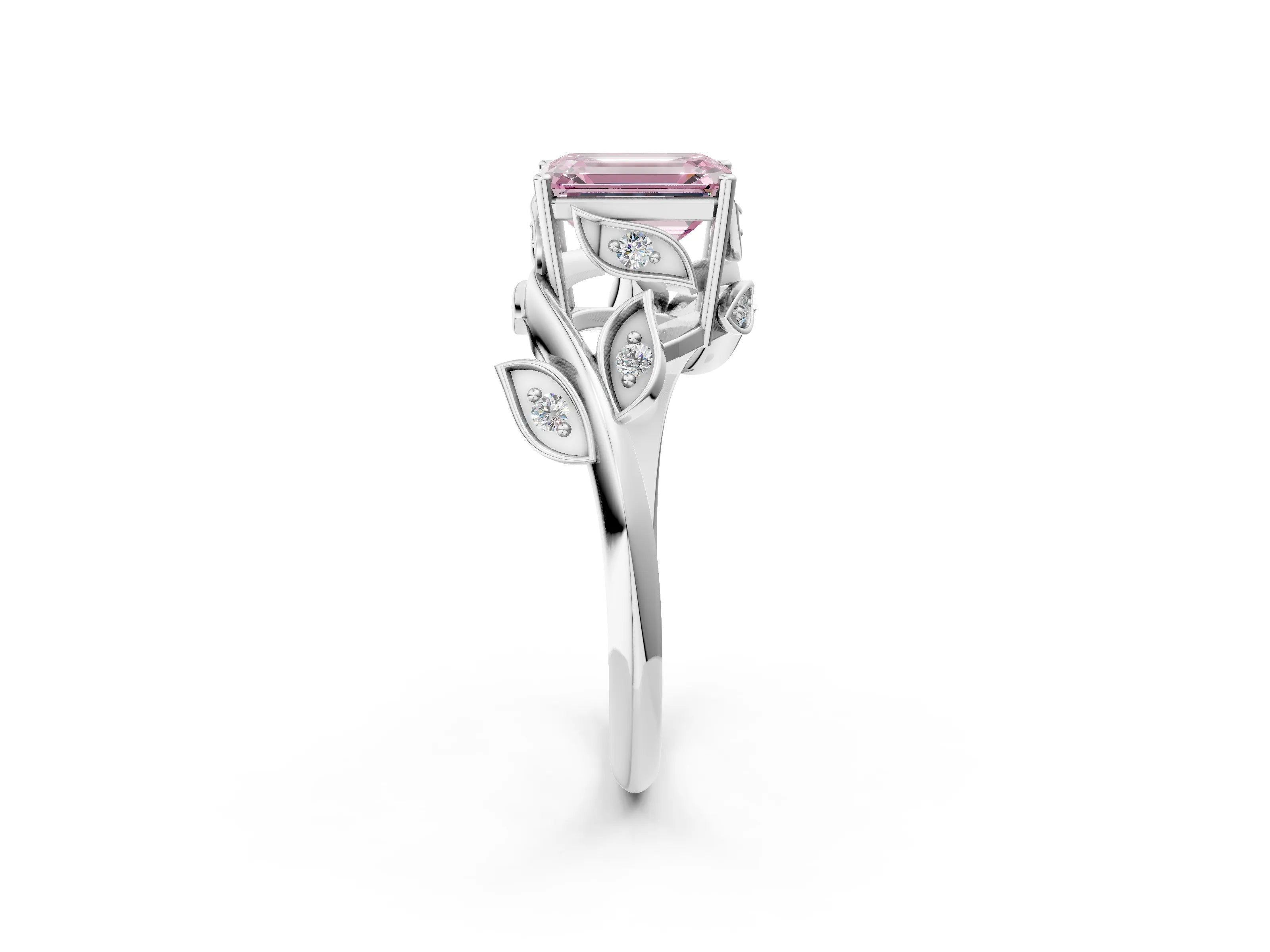 White gold Fancy Pink Emerald Cut Solitaire Twist Engagement Ring with Leaf Accents and Prong Setting_3