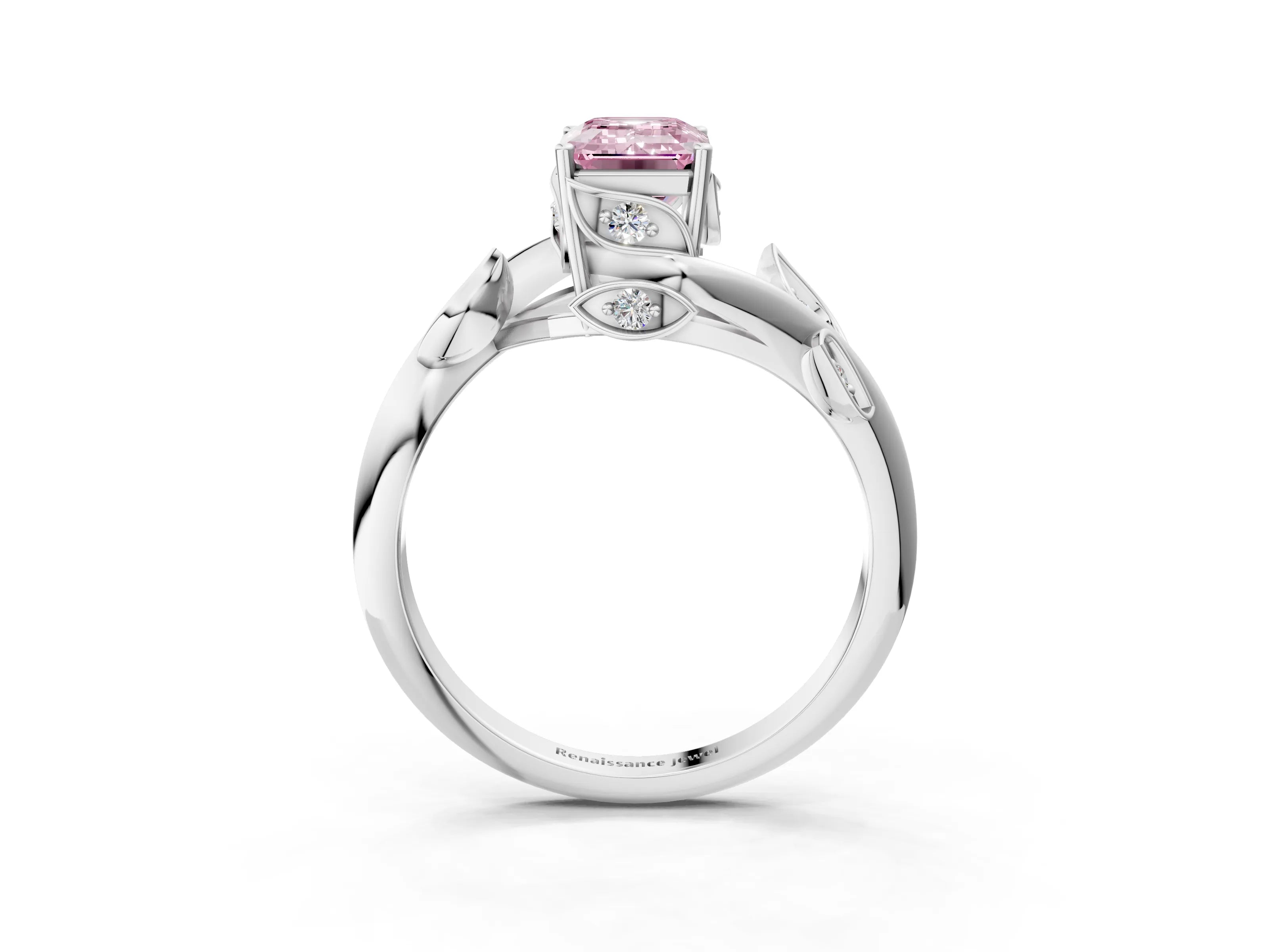 White gold Fancy Pink Emerald Cut Solitaire Twist Engagement Ring with Leaf Accents and Prong Setting_4