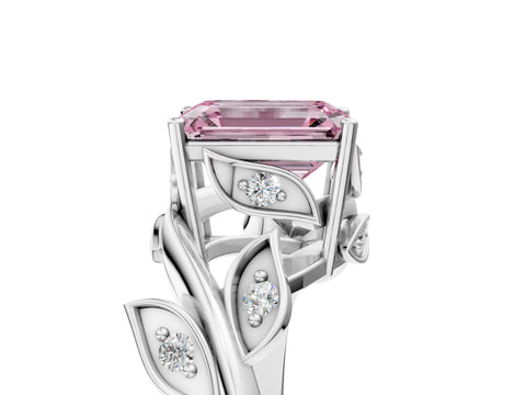 White gold Fancy Pink Emerald Cut Solitaire Twist Engagement Ring with Leaf Accents and Prong Setting_5