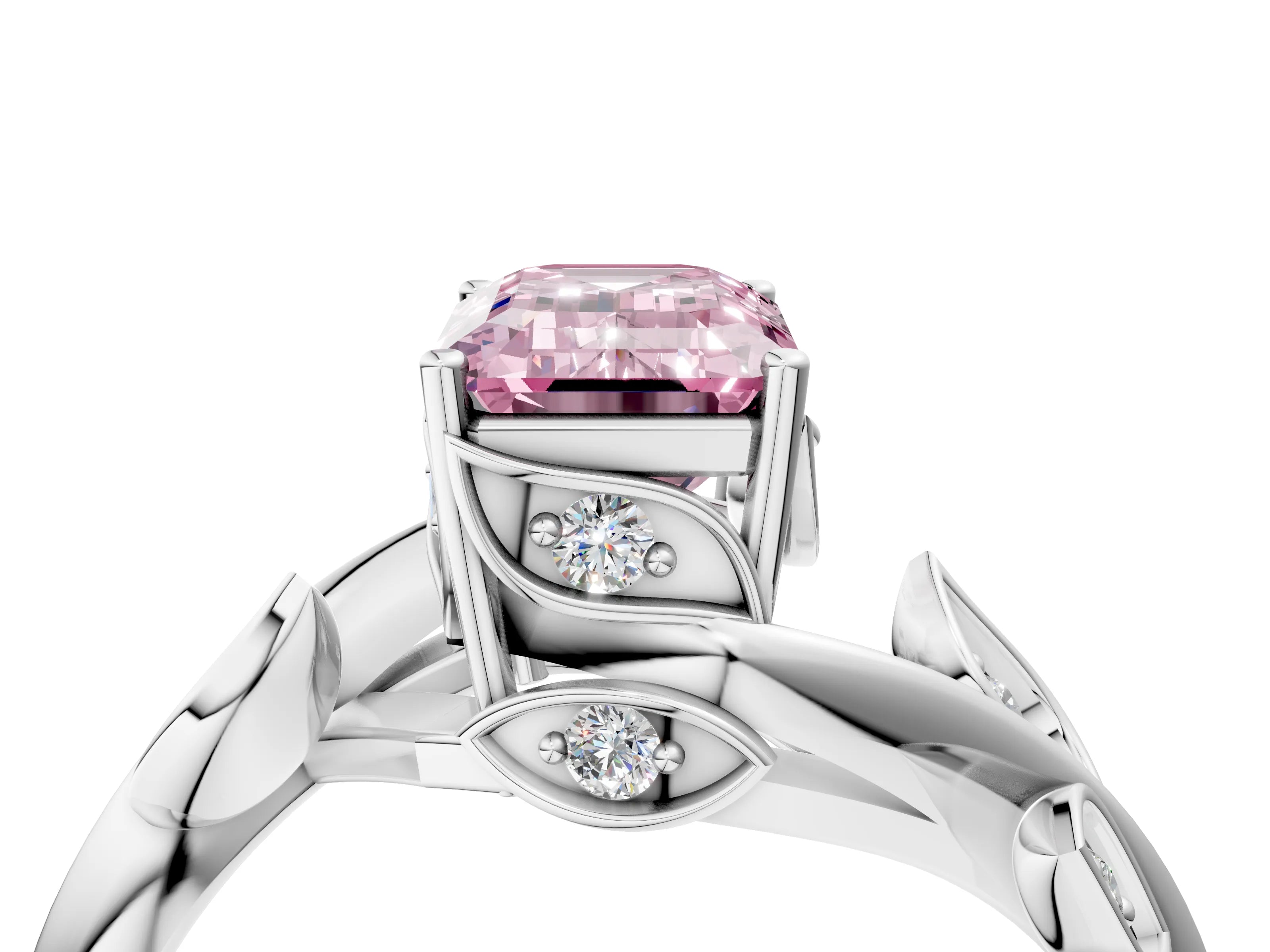 White gold Fancy Pink Emerald Cut Solitaire Twist Engagement Ring with Leaf Accents and Prong Setting_5