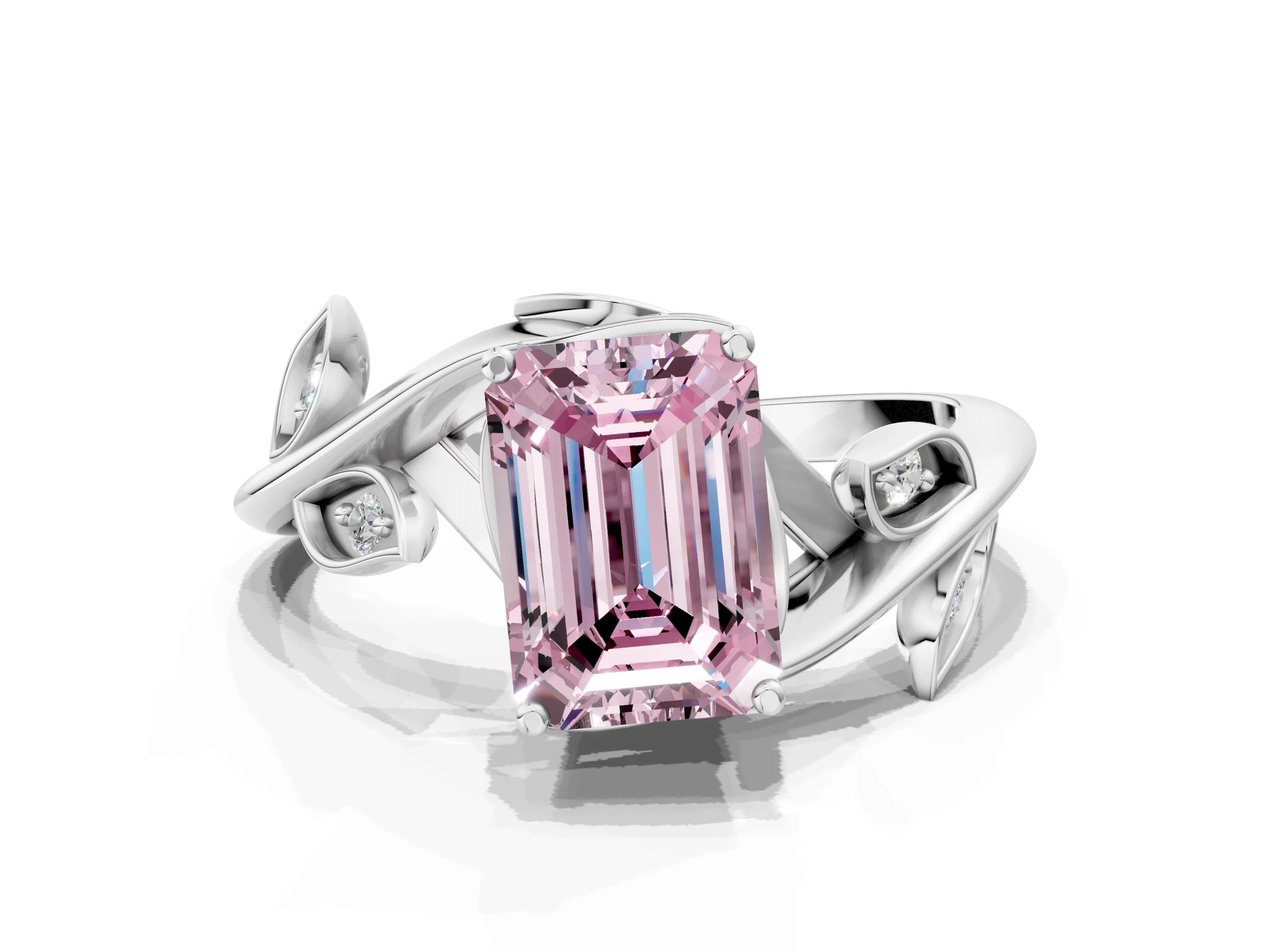 White gold Fancy Pink Emerald Cut Solitaire Twist Engagement Ring with Leaf Accents and Prong Setting