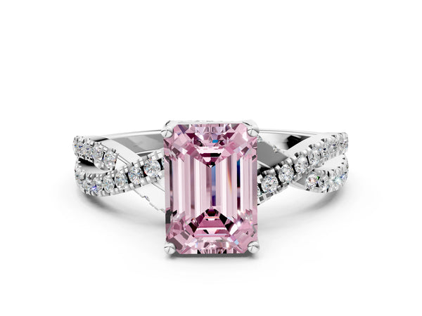 Platinum Fancy Pink Emerald Cut Solitaire Twist Pave Diamond Engagement Ring with Prong Setting