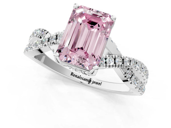 Platinum Fancy Pink Emerald Cut Solitaire Twist Pave Diamond Engagement Ring with Prong Setting