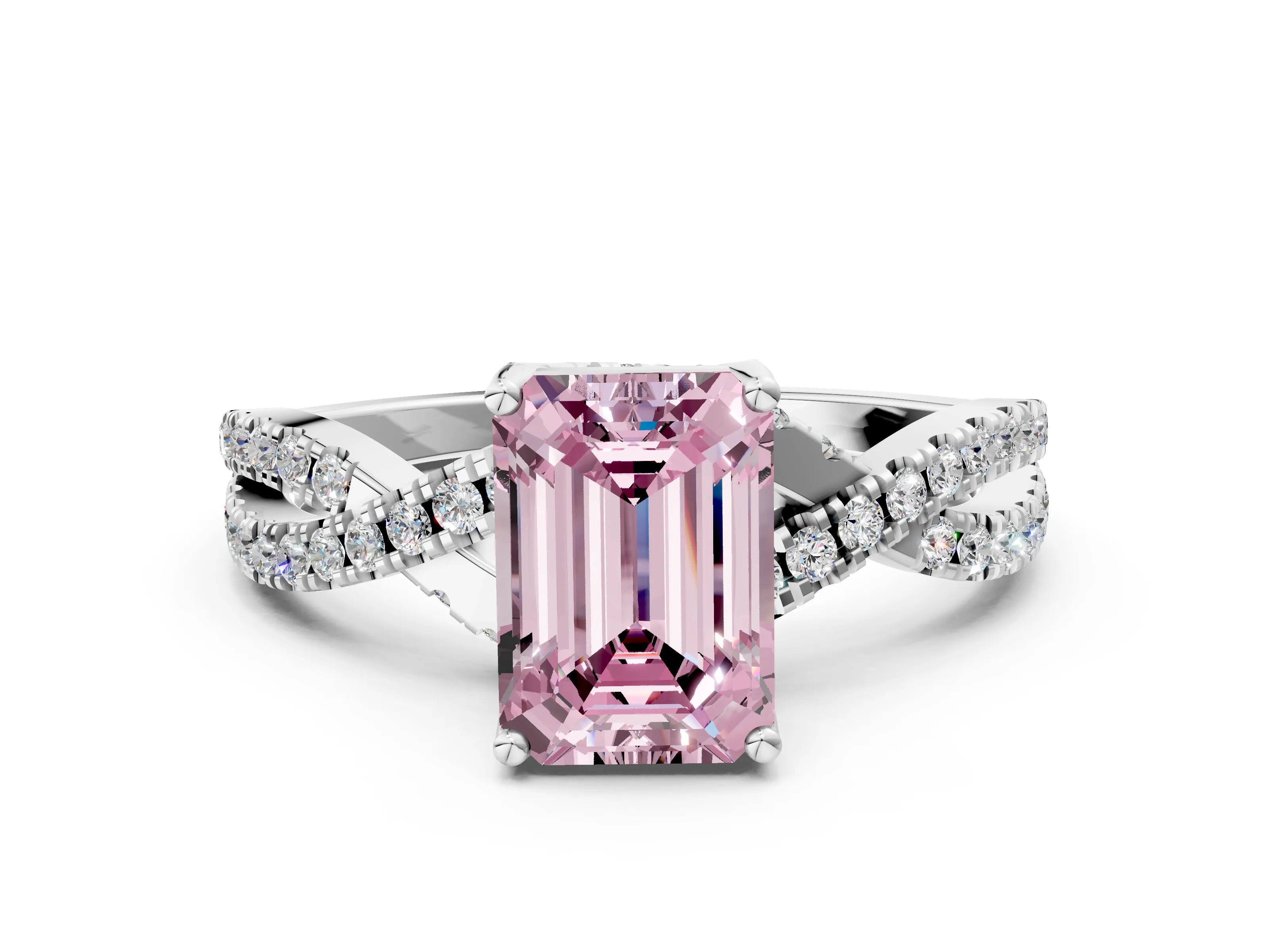 White gold Fancy Pink Emerald Cut Solitaire Twist Pave Diamond Engagement Ring with Prong Setting_12