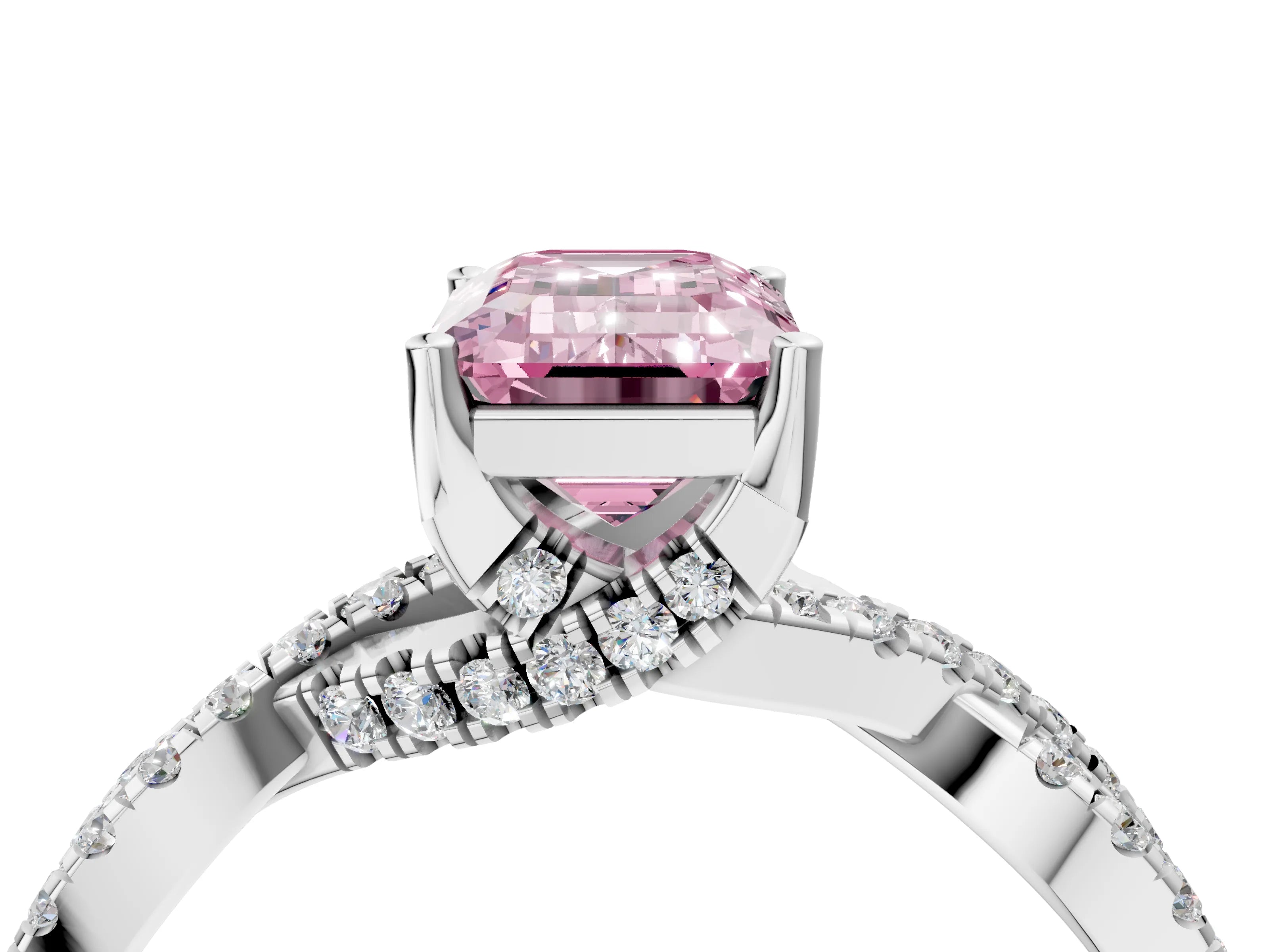 White gold Fancy Pink Emerald Cut Solitaire Twist Pave Diamond Engagement Ring with Prong Setting_16
