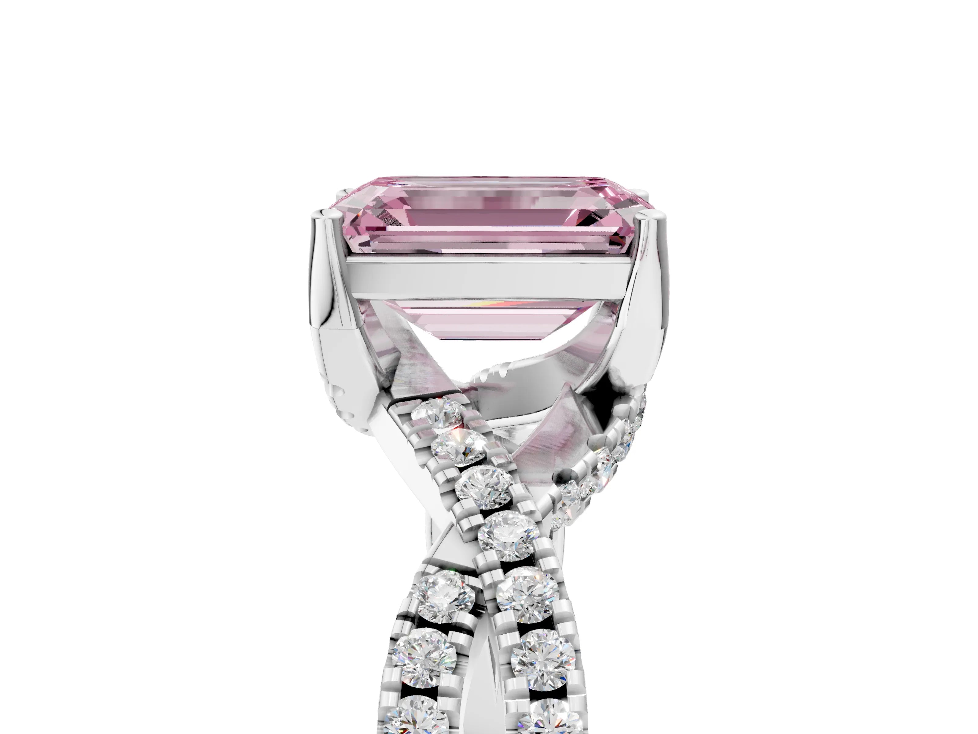White gold Fancy Pink Emerald Cut Solitaire Twist Pave Diamond Engagement Ring with Prong Setting_17