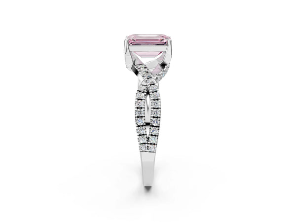 Platinum Fancy Pink Emerald Cut Solitaire Twist Pave Diamond Engagement Ring with Prong Setting