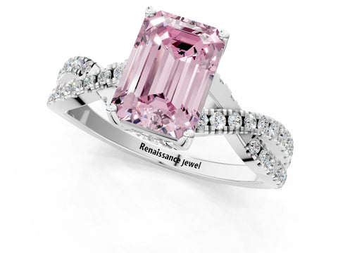 White gold Fancy Pink Emerald Cut Solitaire Twist Pave Diamond Engagement Ring with Prong Setting_25