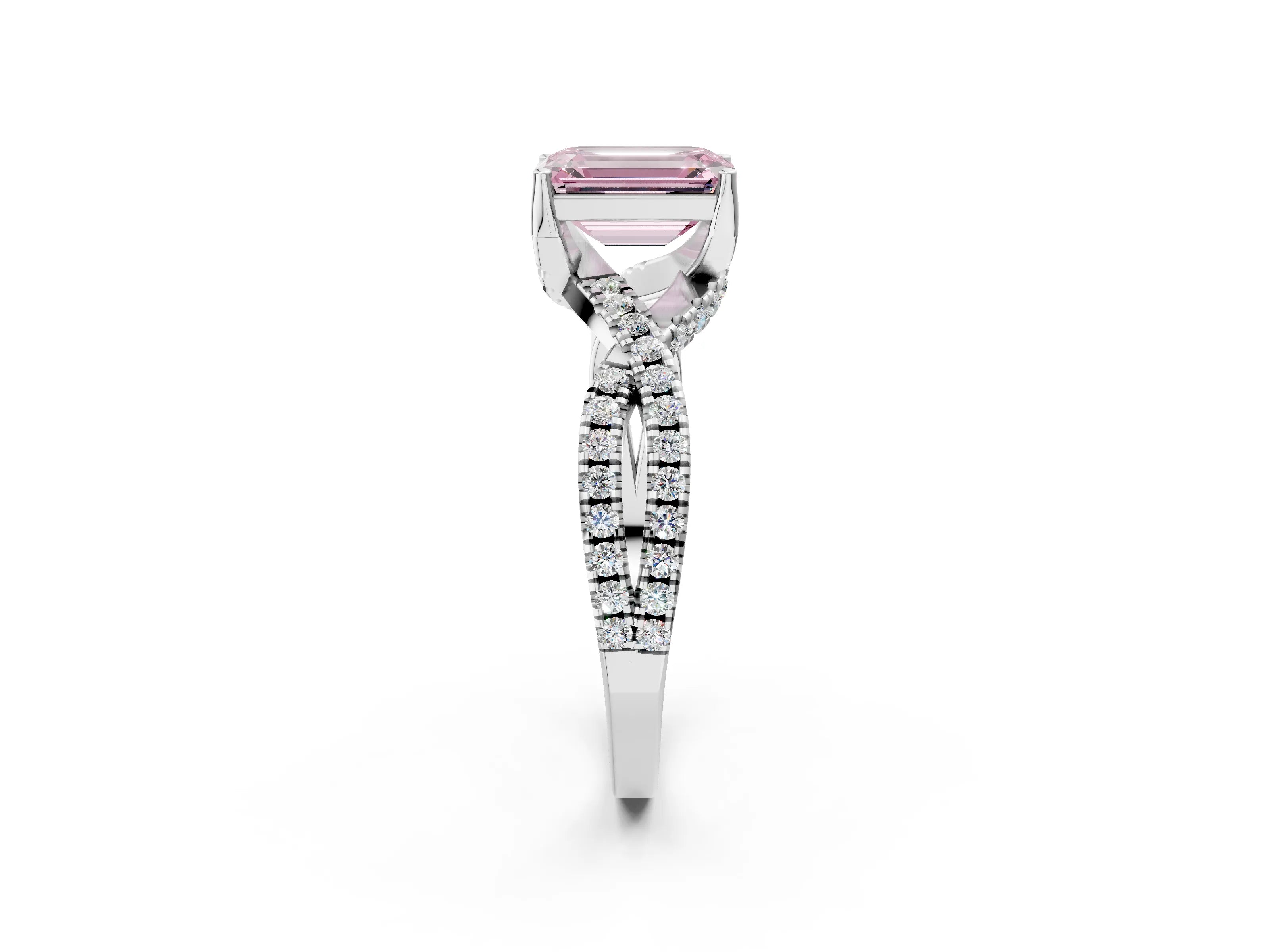 White gold Fancy Pink Emerald Cut Solitaire Twist Pave Diamond Engagement Ring with Prong Setting_2
