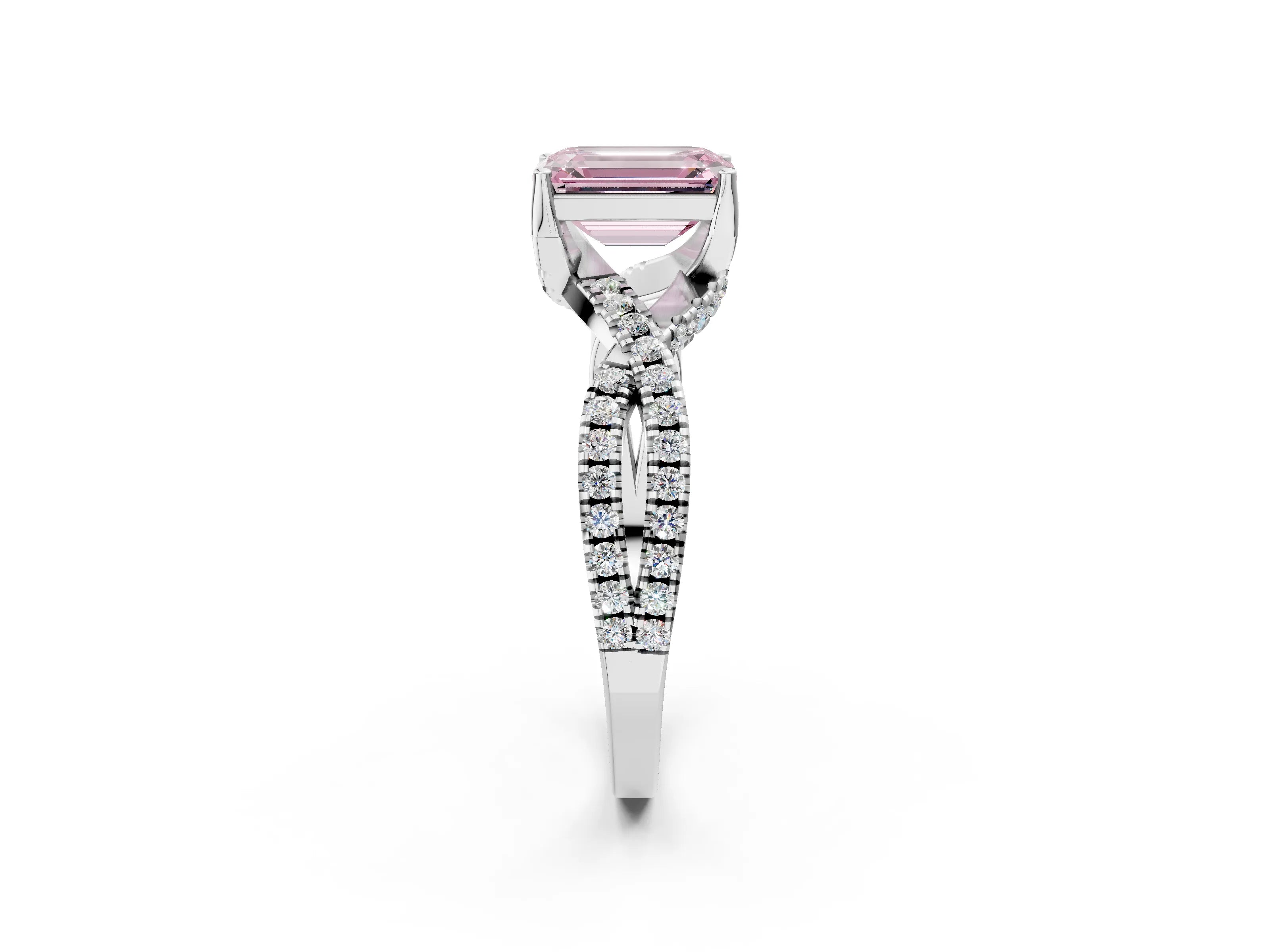 White gold Fancy Pink Emerald Cut Solitaire Twist Pave Diamond Engagement Ring with Prong Setting_2