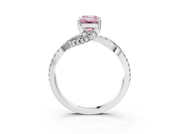Platinum Fancy Pink Emerald Cut Solitaire Twist Pave Diamond Engagement Ring with Prong Setting