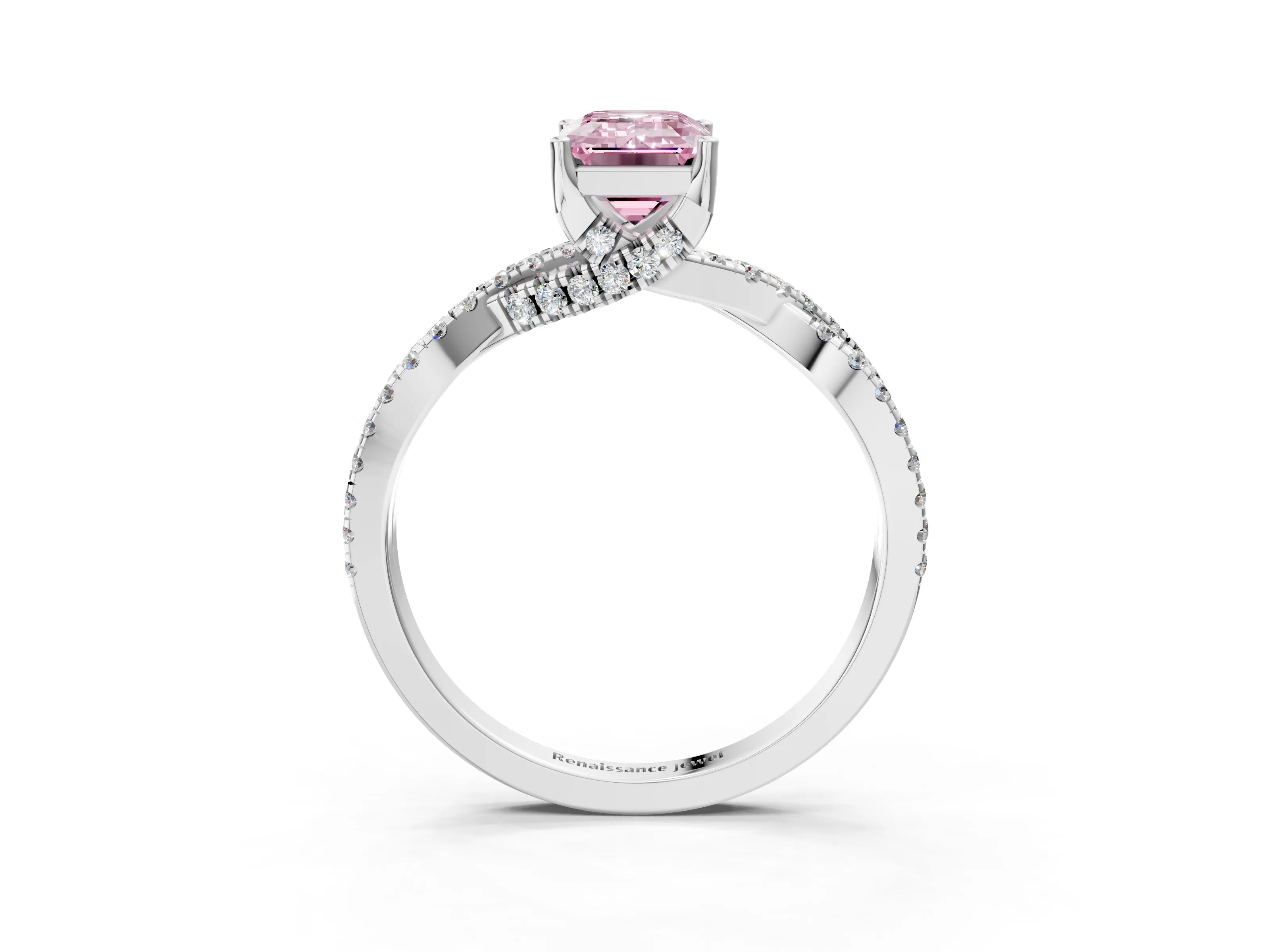 White gold Fancy Pink Emerald Cut Solitaire Twist Pave Diamond Engagement Ring with Prong Setting_3