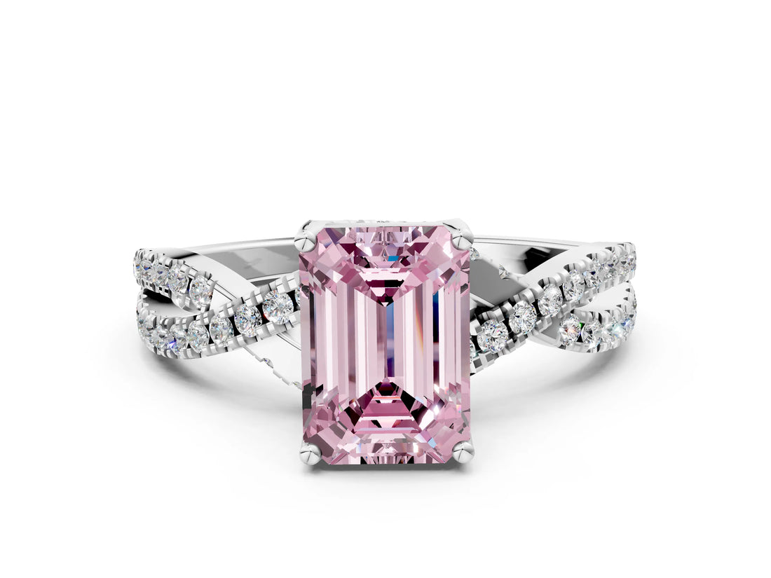 White gold Fancy Pink Emerald Cut Solitaire Twist Pave Diamond Engagement Ring with Prong Setting