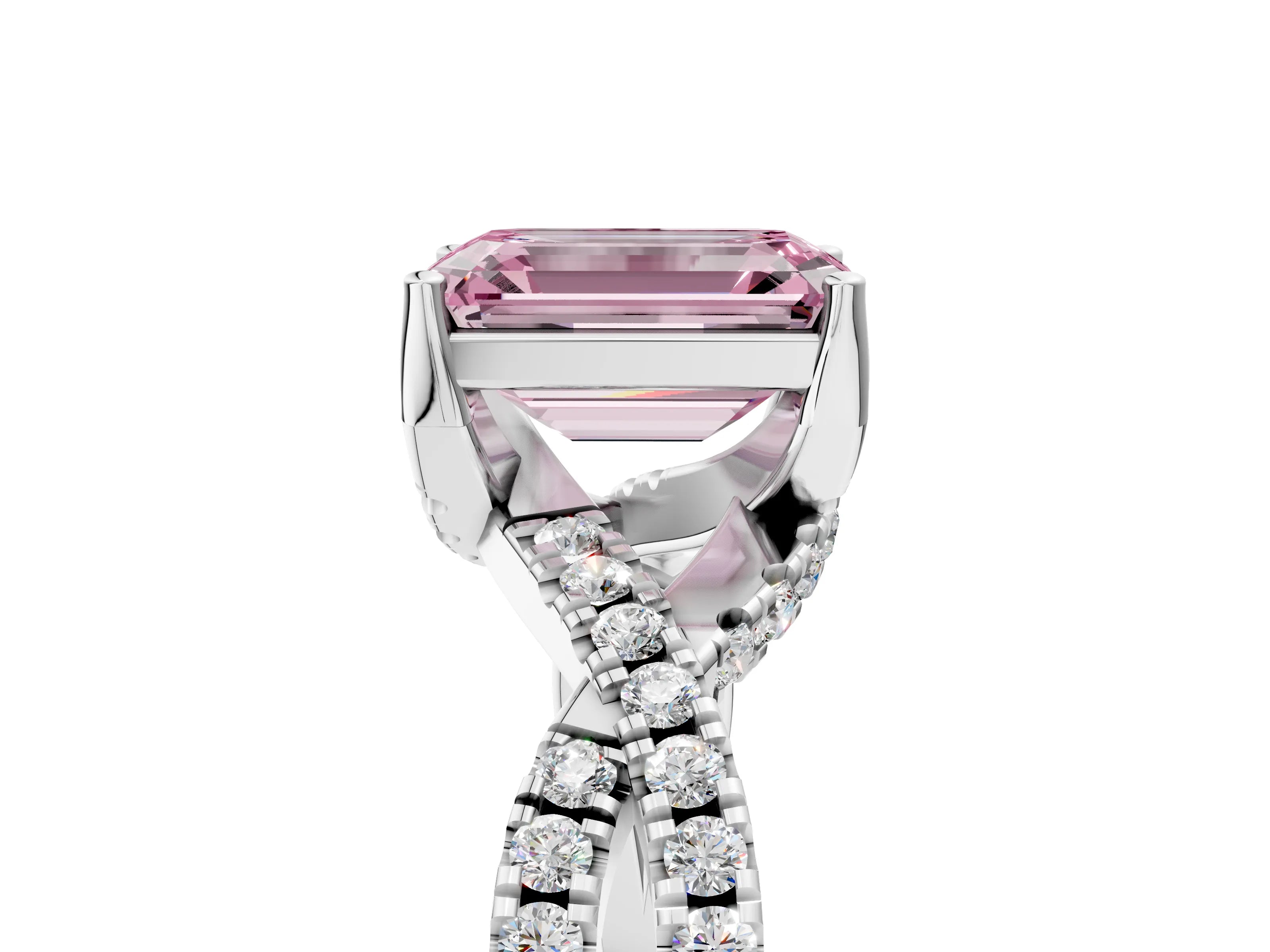 White gold Fancy Pink Emerald Cut Solitaire Twist Pave Diamond Engagement Ring with Prong Setting_5