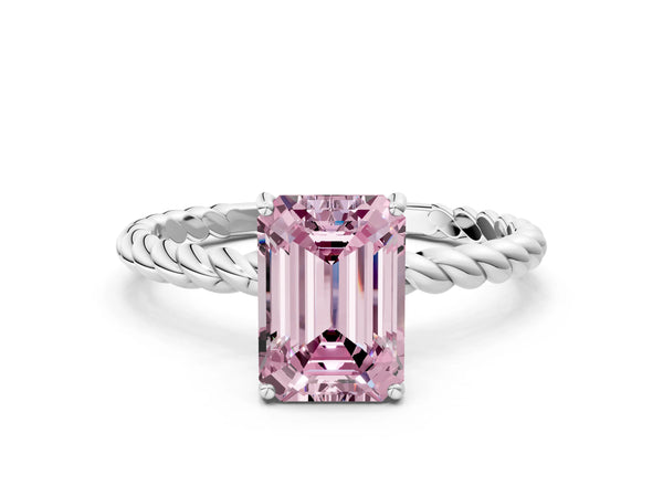 White gold Fancy Pink Emerald Cut Solitaire Twisted Band 4-Prong Ring