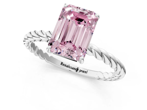 White gold Fancy Pink Emerald Cut Solitaire Twisted Band 4-Prong Ring