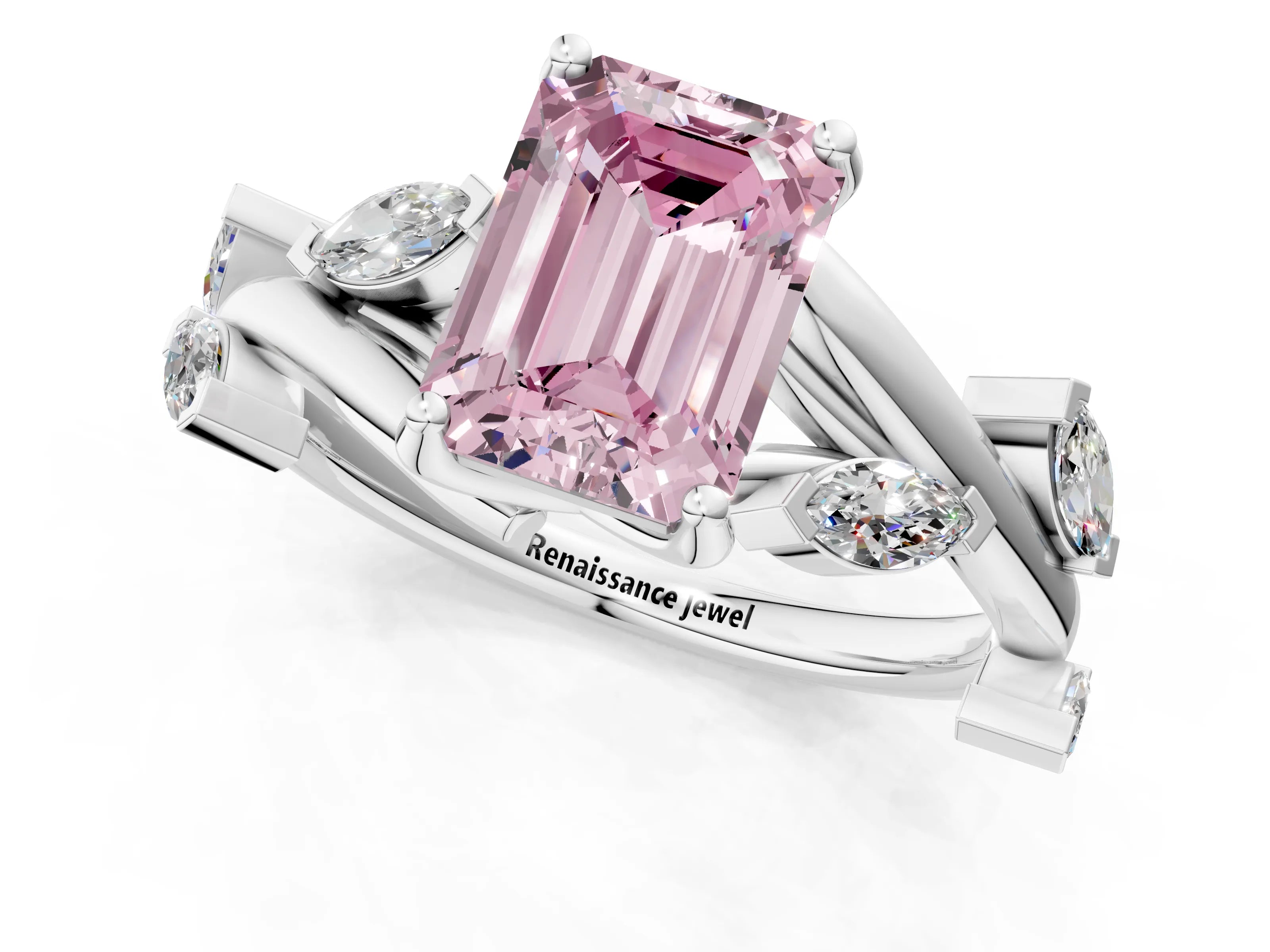 White gold Fancy Pink Emerald Cut Solitaire Twisted Band Marquise Accent Prong Setting Ring_1