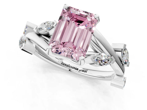 White gold Fancy Pink Emerald Cut Solitaire Twisted Band Marquise Accent Prong Setting Ring_1