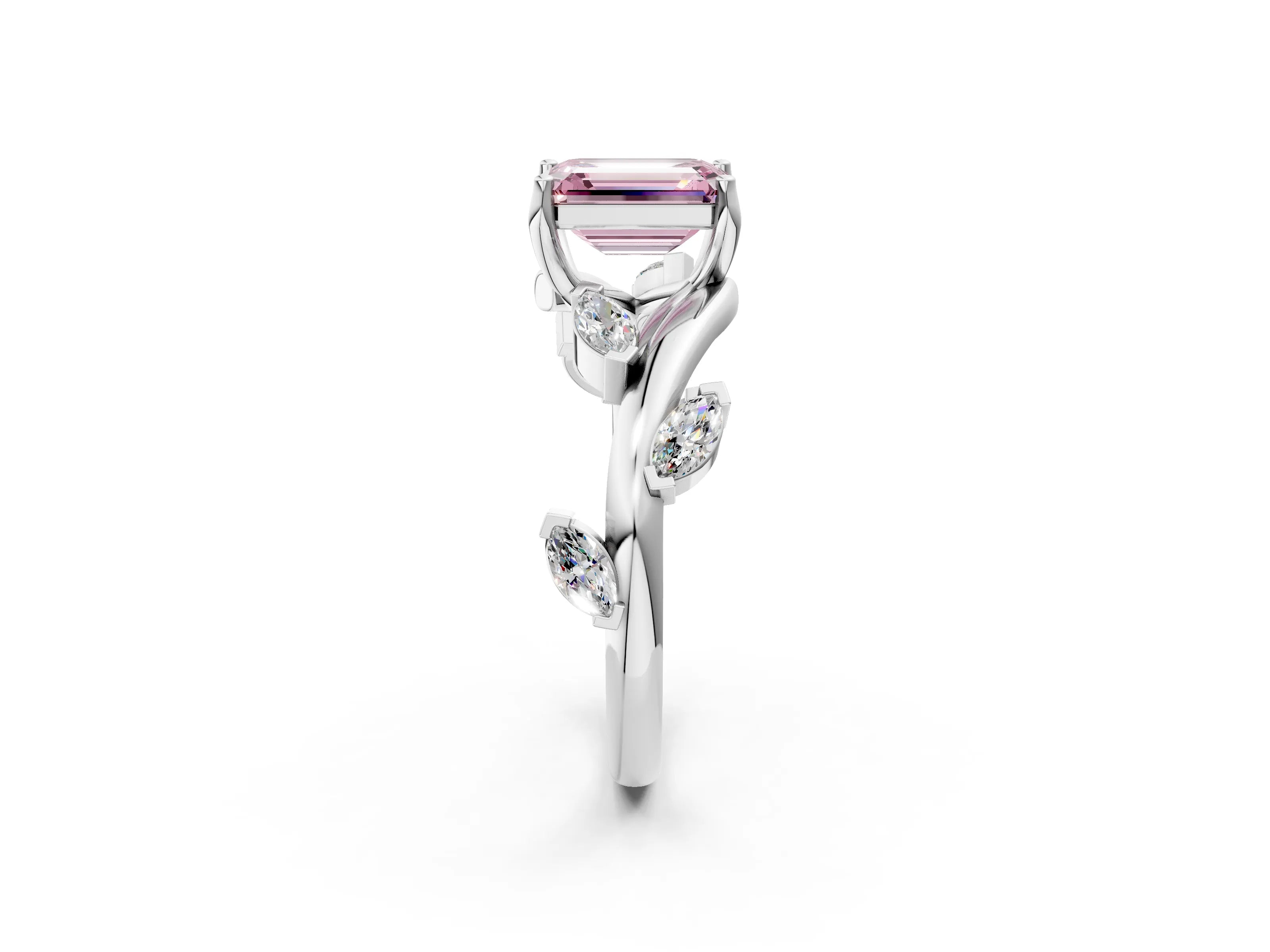 White gold Fancy Pink Emerald Cut Solitaire Twisted Band Marquise Accent Prong Setting Ring_2