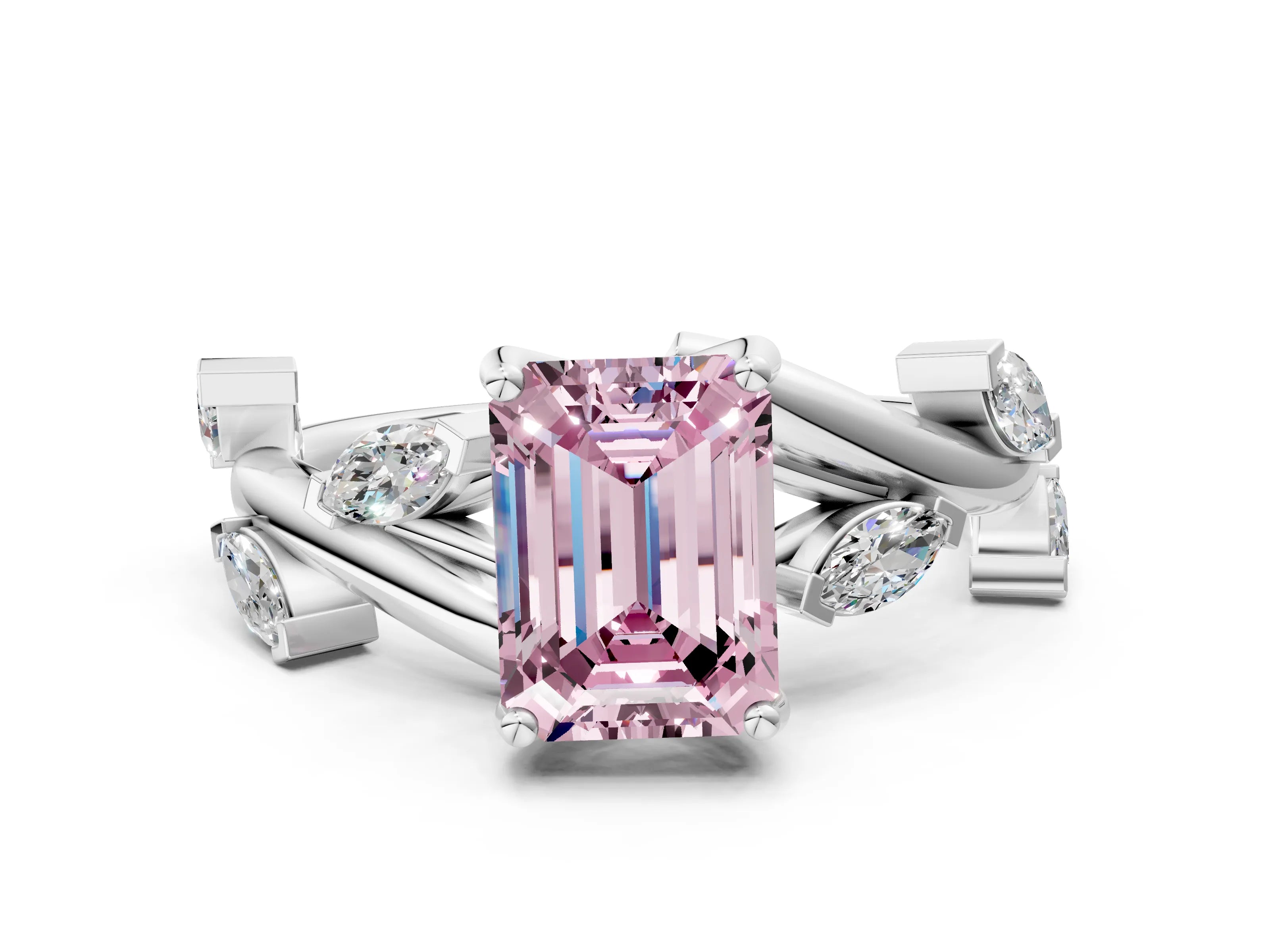 White gold Fancy Pink Emerald Cut Solitaire Twisted Band Marquise Accent Prong Setting Ring