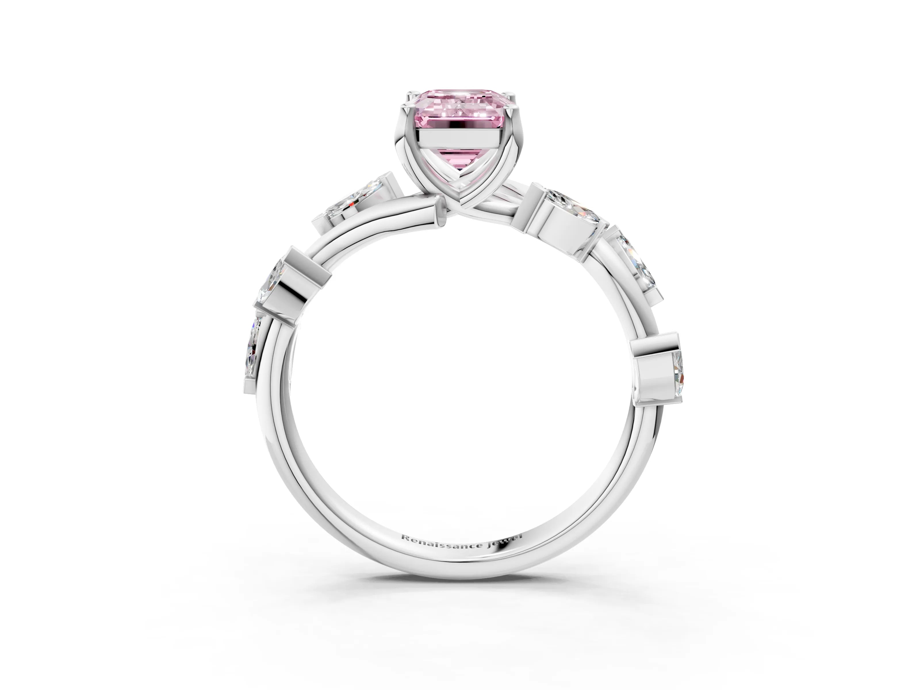 White gold Fancy Pink Emerald Cut Solitaire Twisted Band Marquise Accent Prong Setting Ring_3