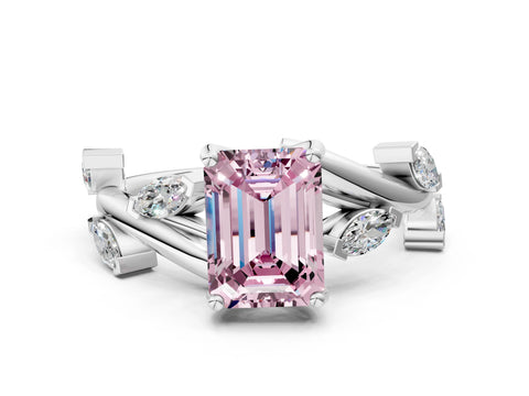 White gold Fancy Pink Emerald Cut Solitaire Twisted Band Marquise Accent Prong Setting Ring