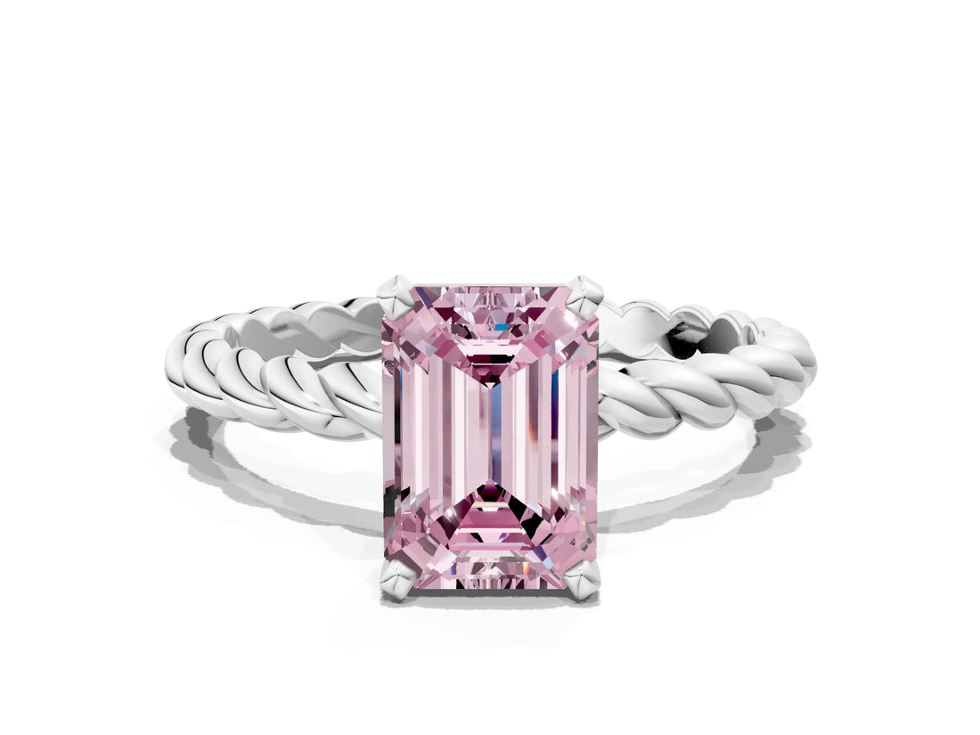 White gold Fancy Pink Emerald  Cut Solitaire Twisted Band with Four-Prong Setting_146