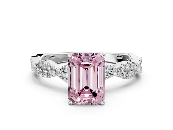 Platinum Fancy Pink Emerald Cut Solitaire Twisted Pave Band with Four-Prong Setting