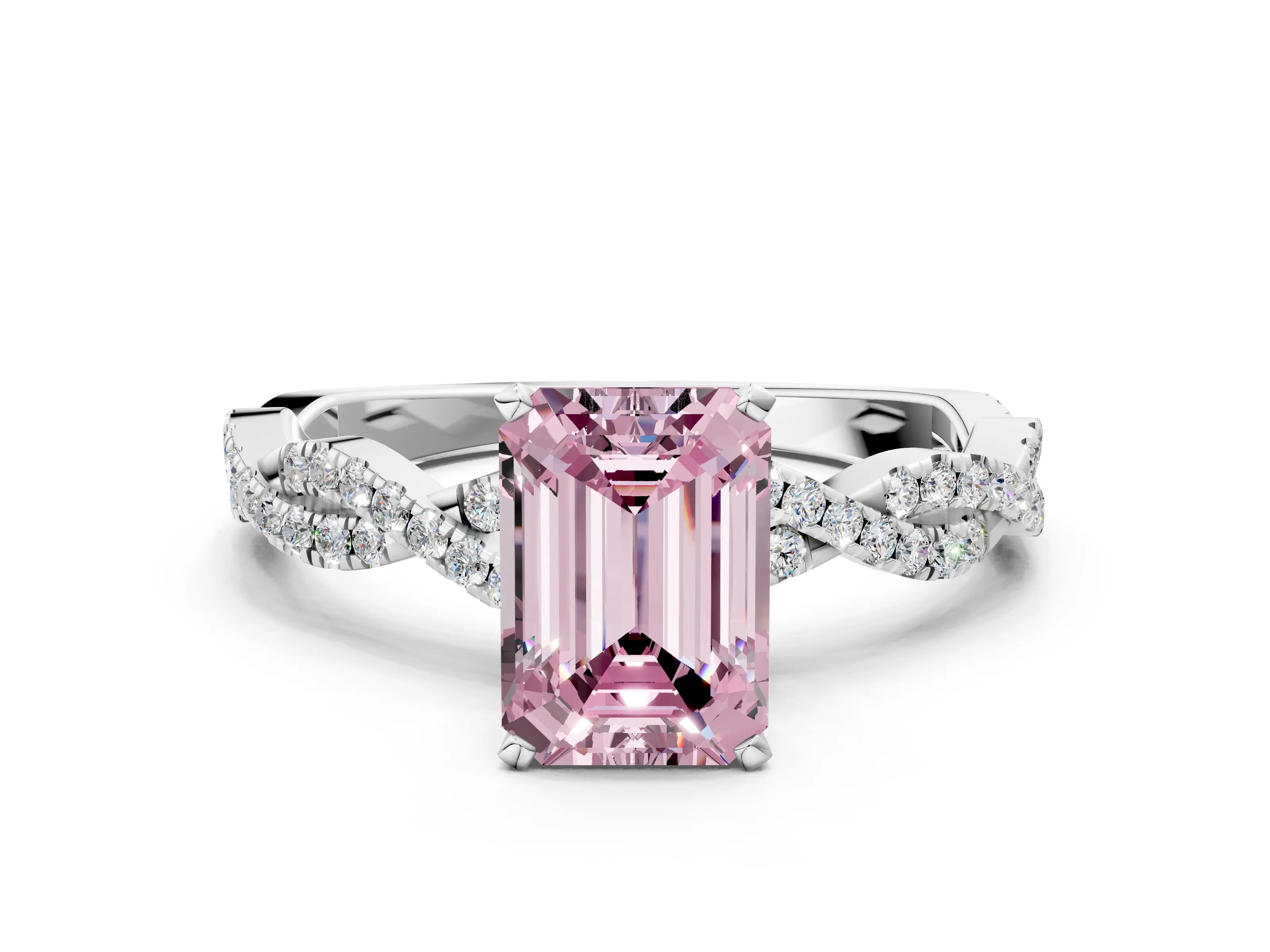 White gold Fancy Pink Emerald Cut Solitaire Twisted Pave Band with Four-Prong Setting_15