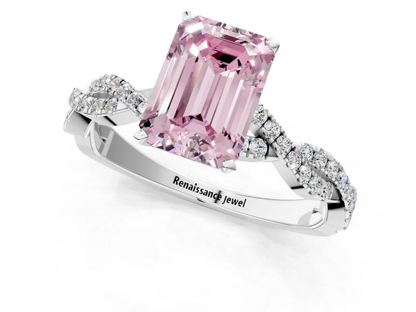 Platinum Fancy Pink Emerald Cut Solitaire Twisted Pave Band with Four-Prong Setting