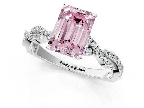 White gold Fancy Pink Emerald Cut Solitaire Twisted Pave Band with Four-Prong Setting_16