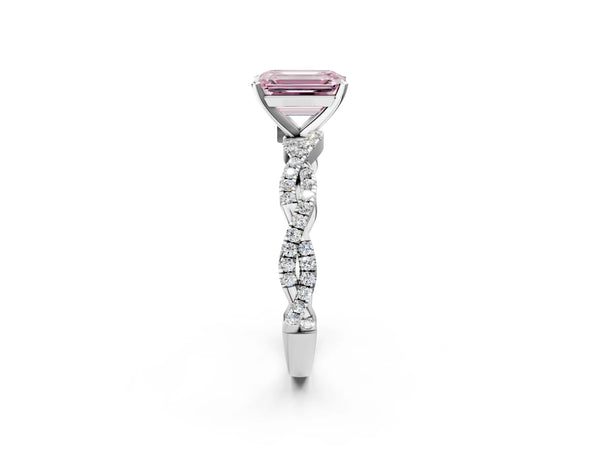 Platinum Fancy Pink Emerald Cut Solitaire Twisted Pave Band with Four-Prong Setting