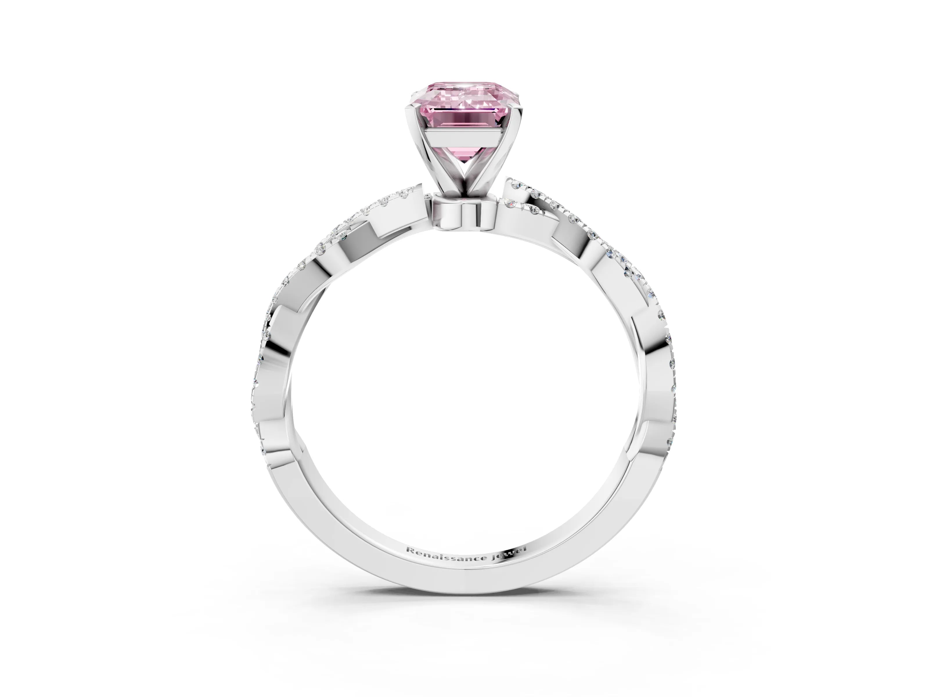 White gold Fancy Pink Emerald Cut Solitaire Twisted Pave Band with Four-Prong Setting_18