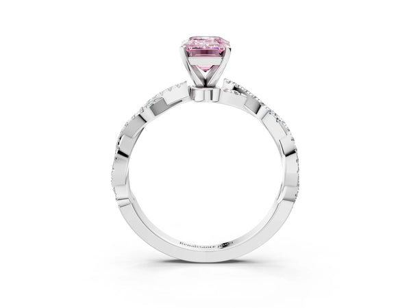 Platinum Fancy Pink Emerald Cut Solitaire Twisted Pave Band with Four-Prong Setting
