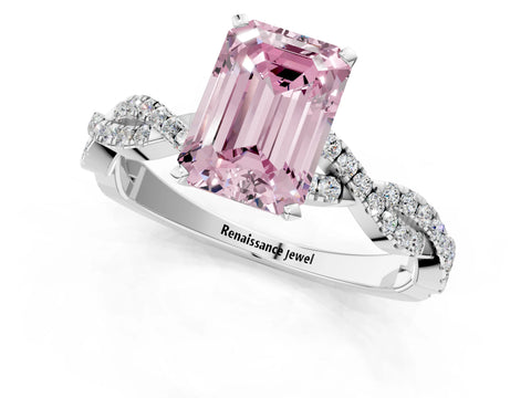 White gold Fancy Pink Emerald Cut Solitaire Twisted Pave Band with Four-Prong Setting_4