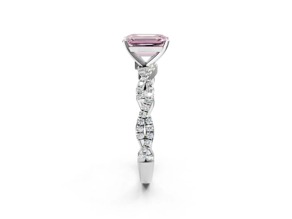 Platinum Fancy Pink Emerald Cut Solitaire Twisted Pave Band with Four-Prong Setting