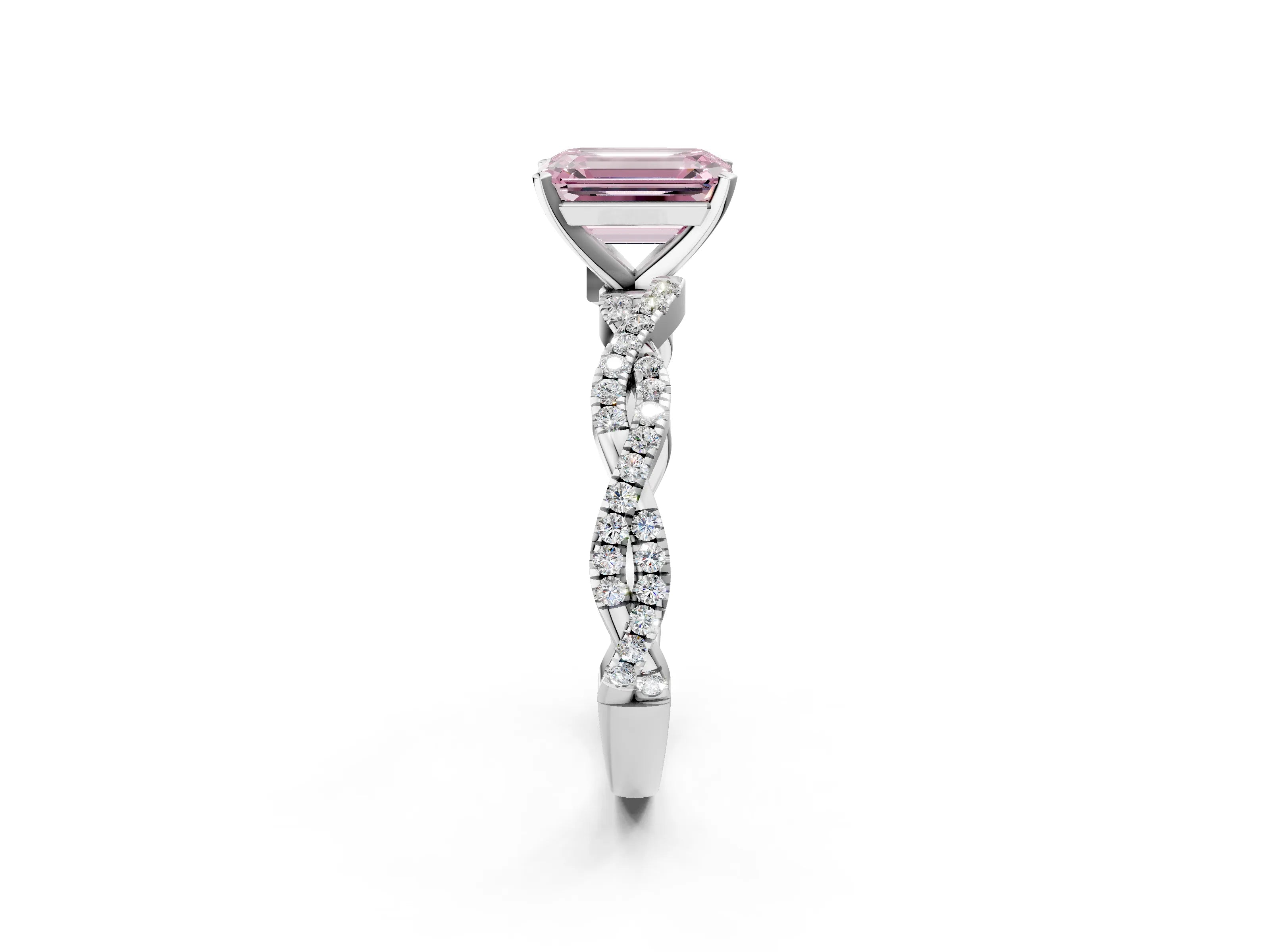 White gold Fancy Pink Emerald Cut Solitaire Twisted Pave Band with Four-Prong Setting_5