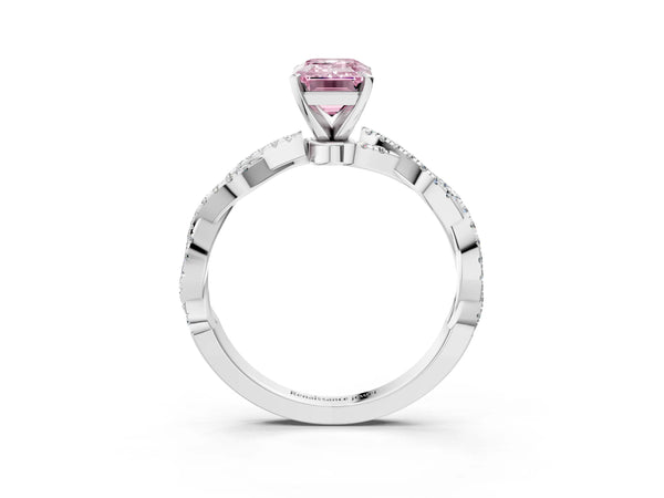Platinum Fancy Pink Emerald Cut Solitaire Twisted Pave Band with Four-Prong Setting
