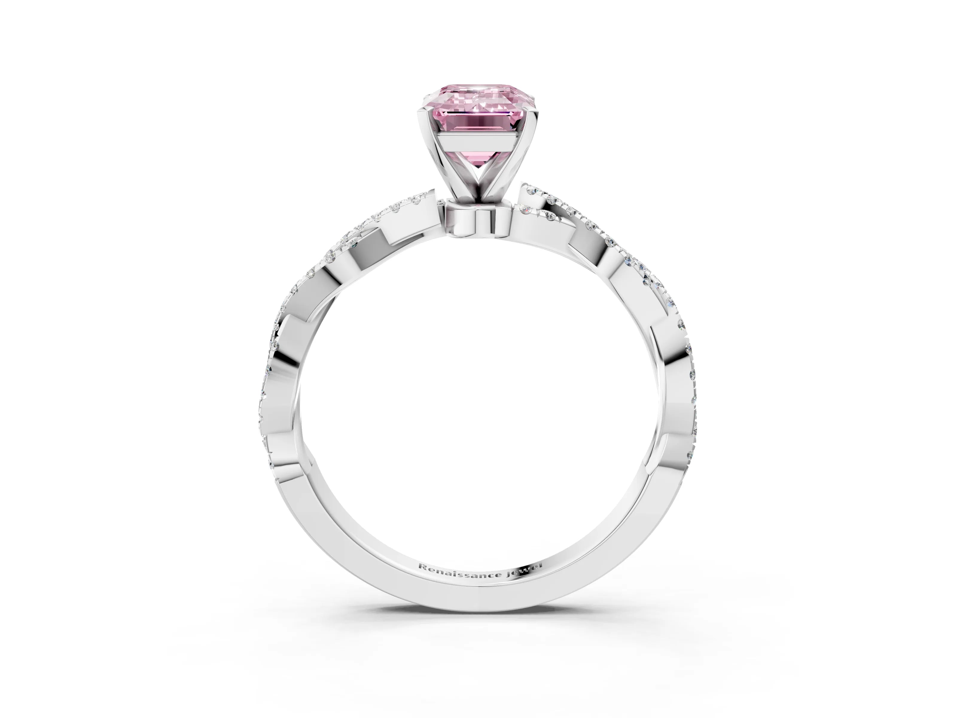 White gold Fancy Pink Emerald Cut Solitaire Twisted Pave Band with Four-Prong Setting_6