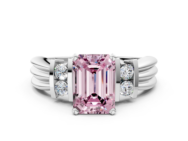 White gold Fancy Pink Emerald  Cut Three-Stone Channel Set Ring with Bar Prongs