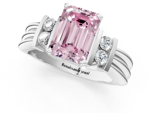 White gold Fancy Pink Emerald  Cut Three-Stone Channel Set Ring with Bar Prongs