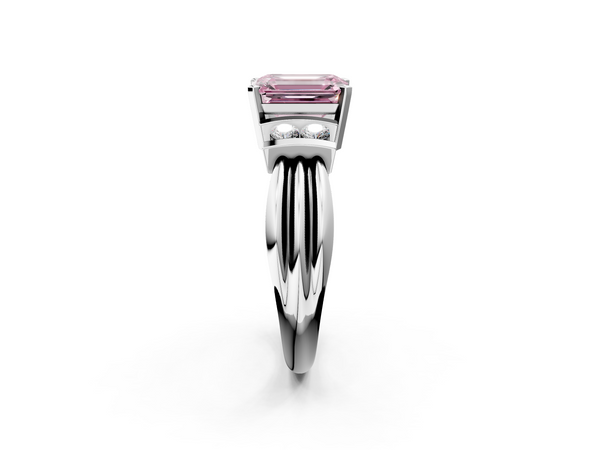 White gold Fancy Pink Emerald  Cut Three-Stone Channel Set Ring with Bar Prongs