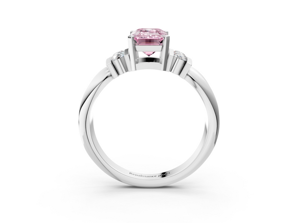 White gold Fancy Pink Emerald  Cut Three-Stone Channel Set Ring with Bar Prongs